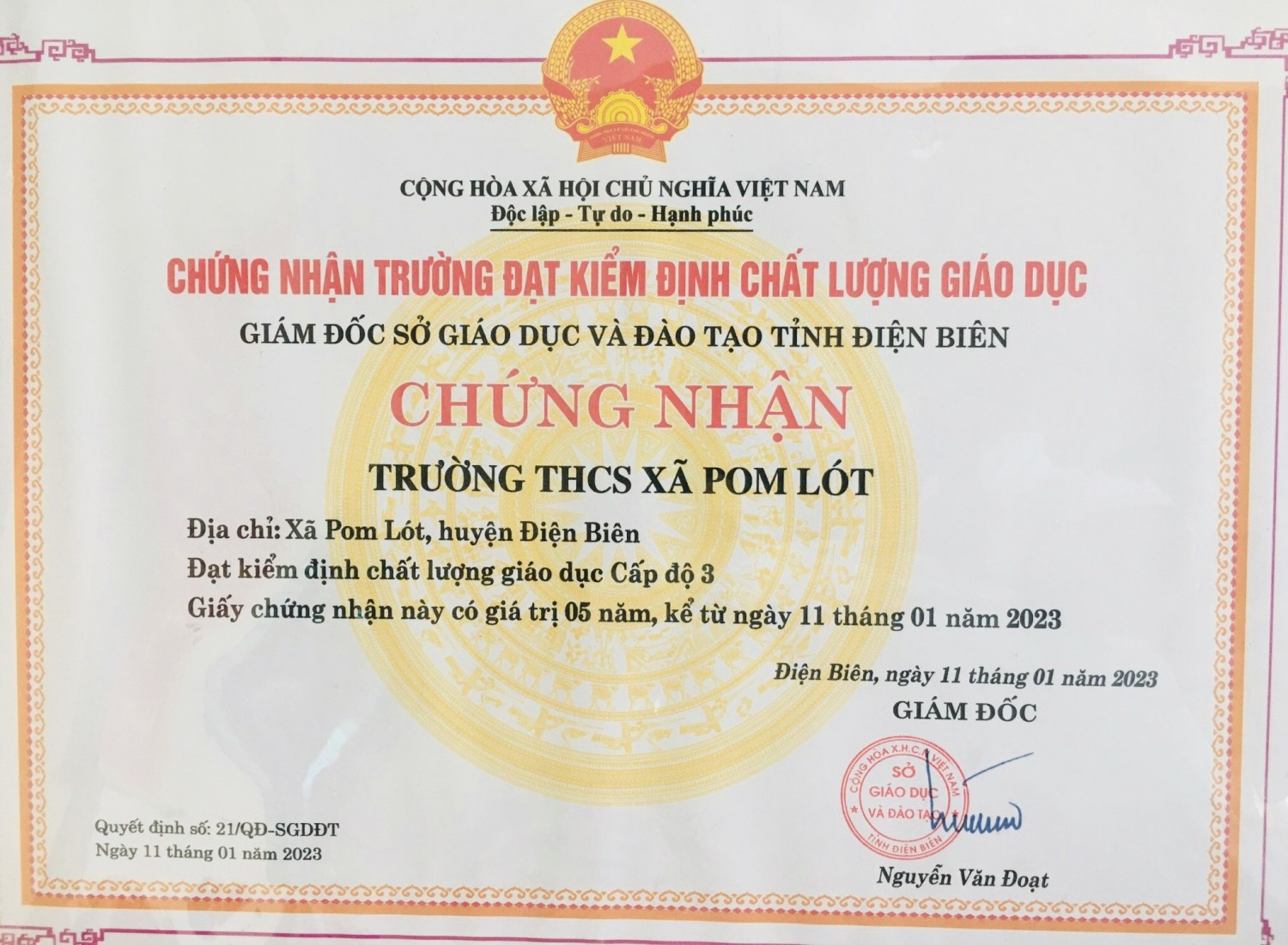 TRƯỜNG THCS XÃ POM LÓT - NHẬN BẰNG CÔNG NHẬN TRƯỜNG CHUẨN QUỐC GIA MỨC ĐỘ 2  TRƯỜNG ĐẠT KIỂM ĐỊNH CHẤT LƯỢNG GIÁO DỤC MỨC ĐỘ 3  GIAI ĐOẠN 2023 – 2028